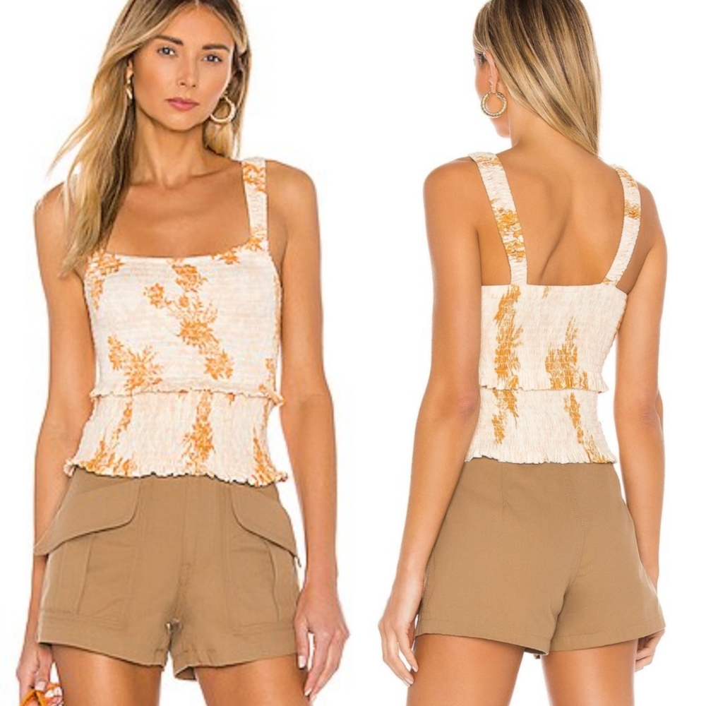 Free People Hannah Orange Floral Print Smocked Cotton Cami Tank Top